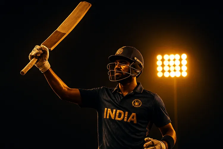Indian cricket batsman celebrating a boundary six under golden floodlights
