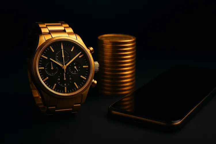 Golden pocket chronograph watch and stacked gold coins representing fast IPL ID withdrawals