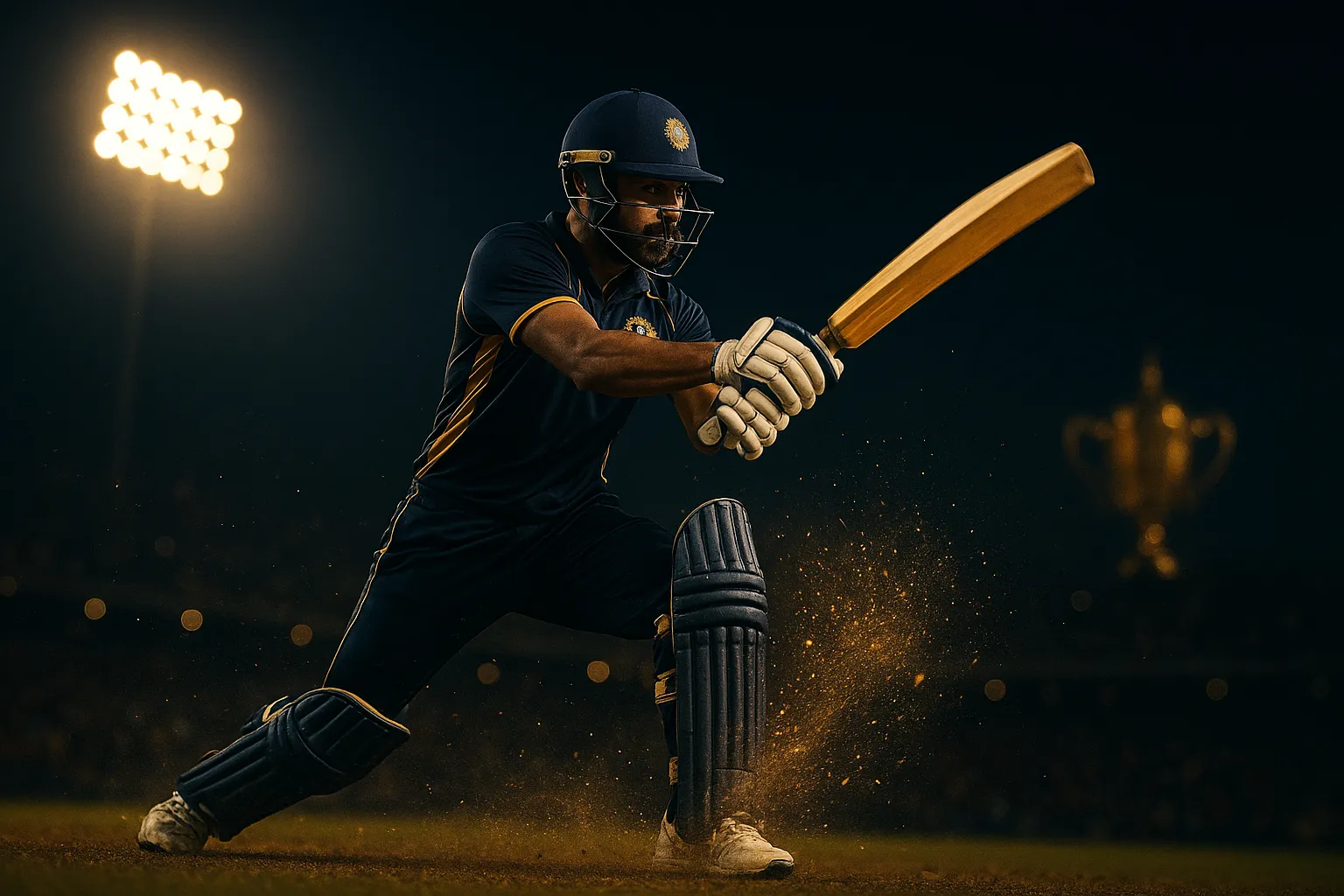 Indian cricket batsman playing a lofted cover drive under floodlights for IPL ID online betting