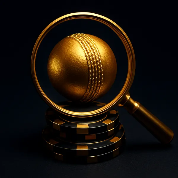 Golden magnifying glass over cricket ball and casino chips for market search