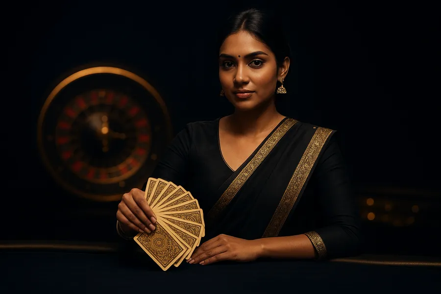 Indian live casino dealer fanning golden playing cards under warm studio light
