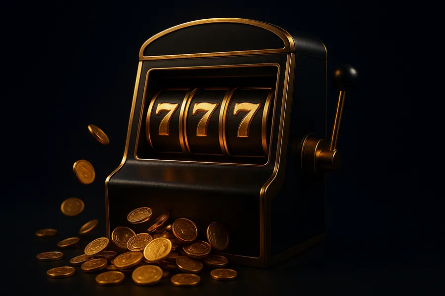 Glowing 777 slot machine cabinet with cascading gold coins on iplid.co
